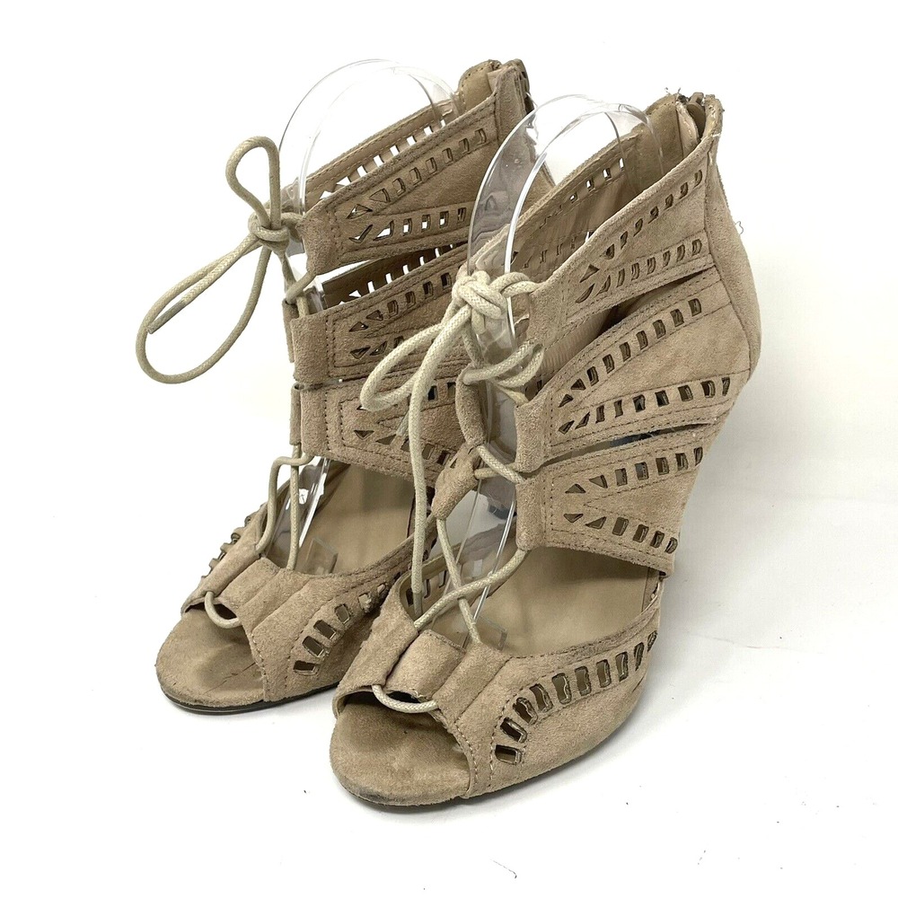 Rue 21 Etc! Size 7 Beige Peep Toe Lace Up Ankle Booties Cutouts Open